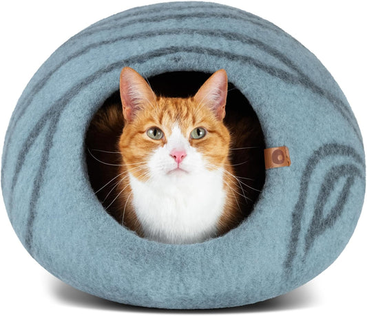 Premium Felt Cat Bed Cave - Handmade 100% Merino Wool Bed for Cats and Kittens (Light Shades) (Medium, Aquamarine)