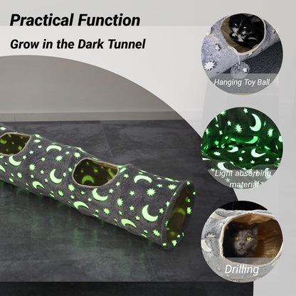 Cat Tunnel Tube with Plush Ball Toys Collapsible Self-Luminous Photoluminescence, for Small Animals Pets Bunny Rabbits, Kittens, Ferrets,Puppy and Dogs Grey Moon Star